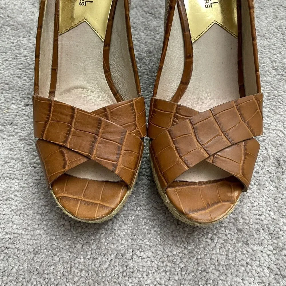 Micheal Michael Kors Peep Toe Espadrille Wedge Sandals Womens 9M Brown Slip On